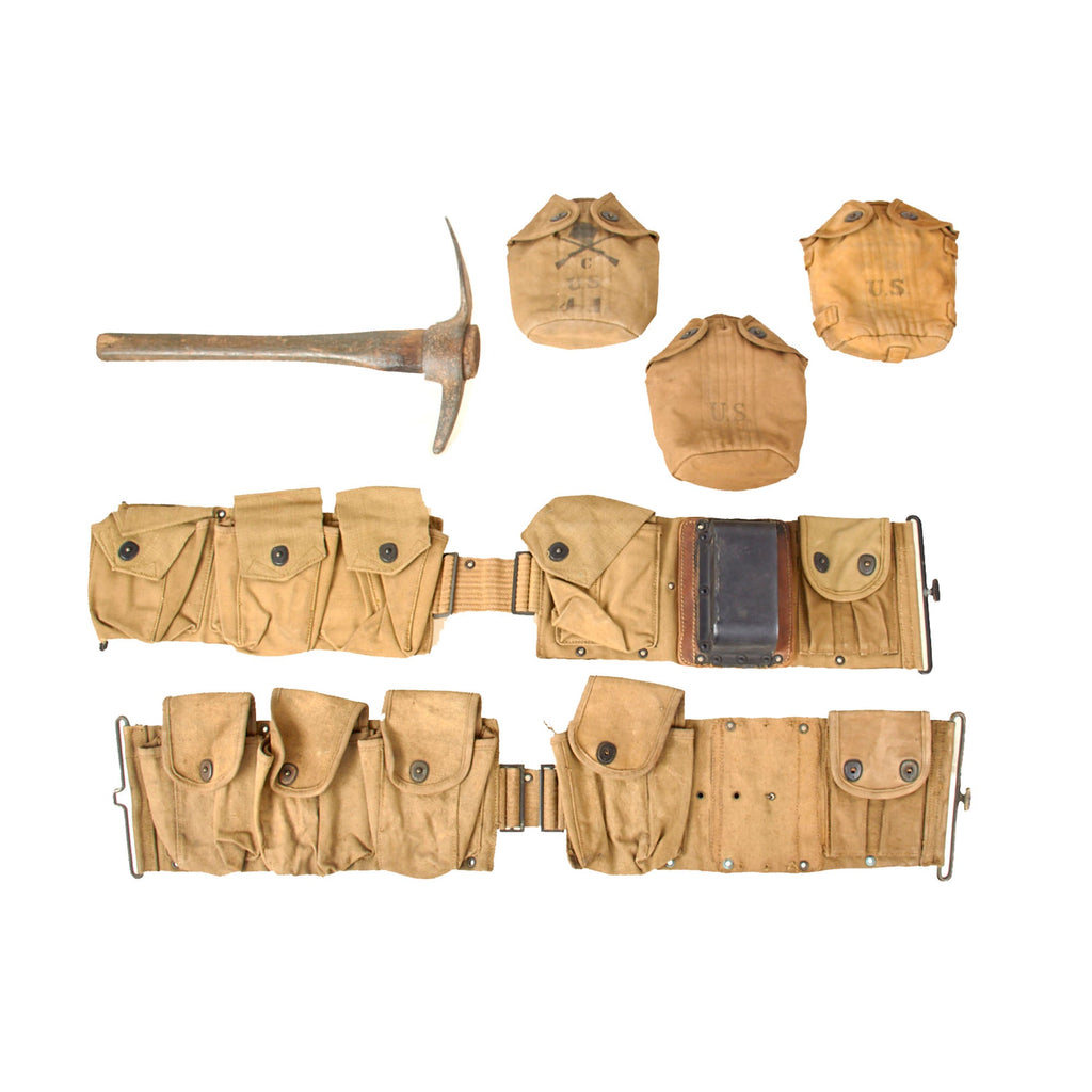 Original U.S. WWI BAR Gunner Field Gear Lot with Belts & Canteen Covers with Pickaxe Original Items