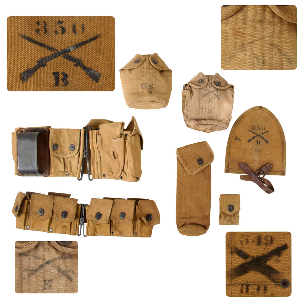 Original U.S. WWI Unit-Marked Field Gear Lot - M1910 Cartridge Belt Stenciled to African American 349th Field Artillery, Shovel Cover Marked to 350th Infantry, M1910 Cavalry Canteen Cover Marked to 6th Cavalry - 7 Items Total Original Items
