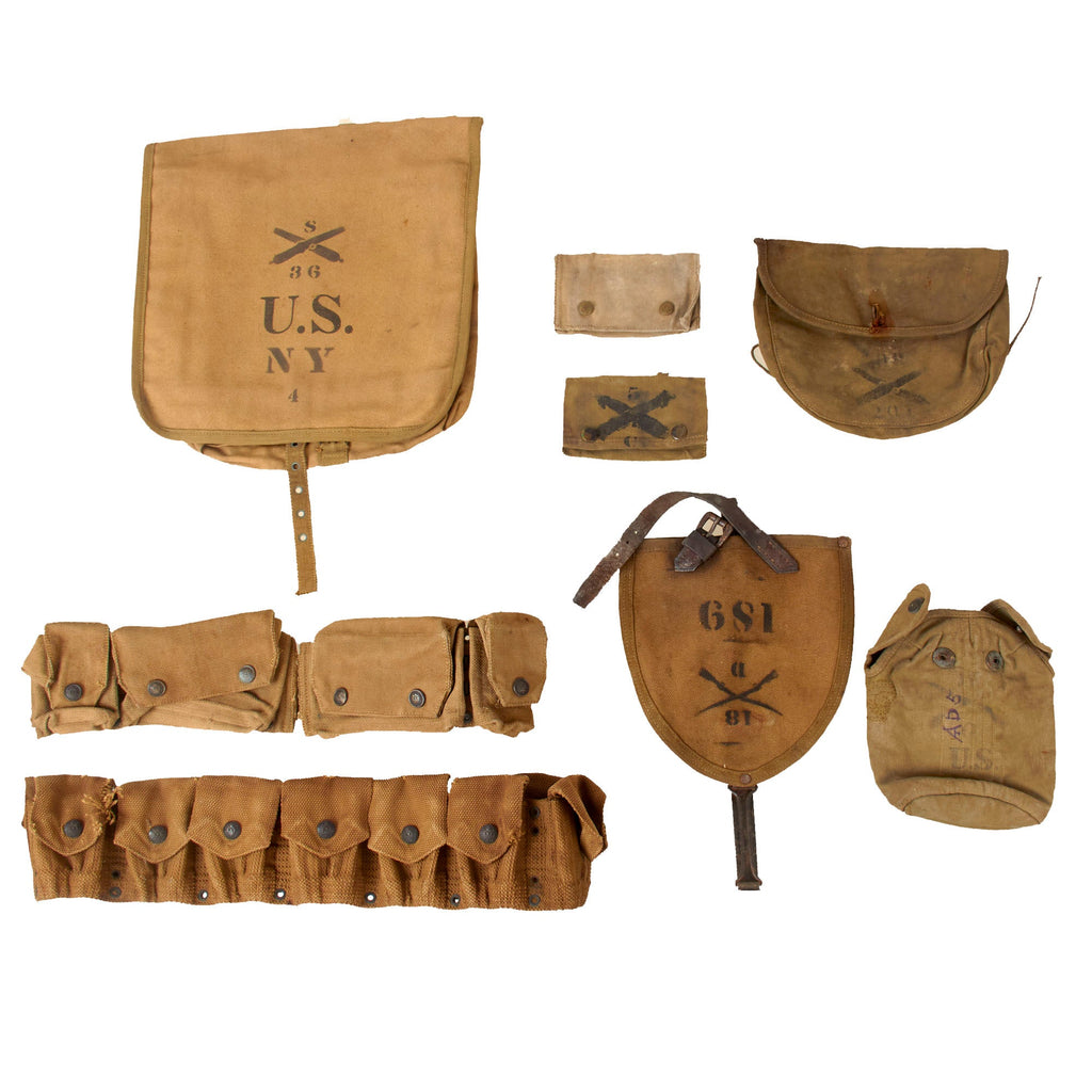 Original U.S. Pre-WWI & WWI Unit-Marked Field Gear Lot - Service-Worn Early Eagle Snap Equipment - Eight Pieces Total Original Items