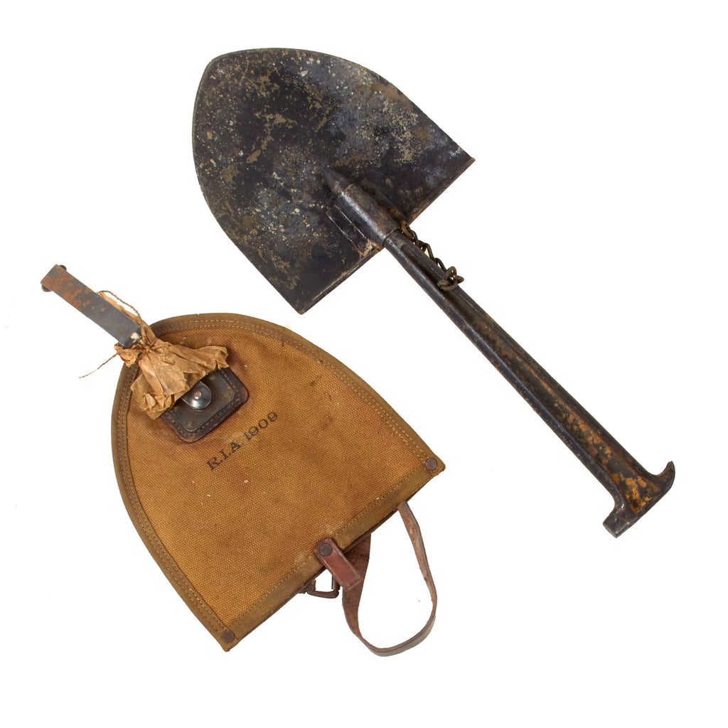 Original U.S. WWI M1912 Experimental Entrenching Shovel with Picket Pin and 1909-Dated Carrier by Rock Island Arsenal Original Items