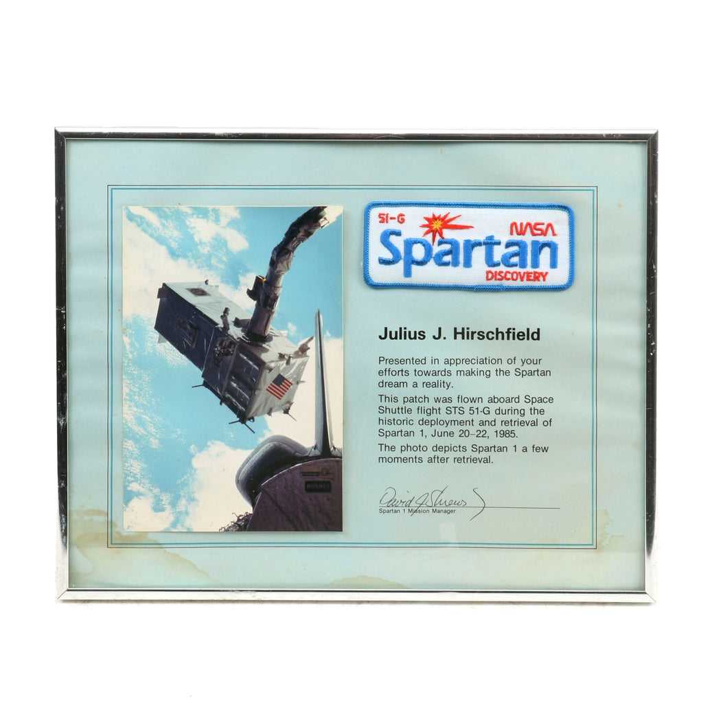 Original U.S. NASA Framed Spartan Discovery Patch Flown Aboard Space Shuttle STS 51-G During Retrieval of Spartan 1 in 1985 - 11¼ x 14¼” Original Items