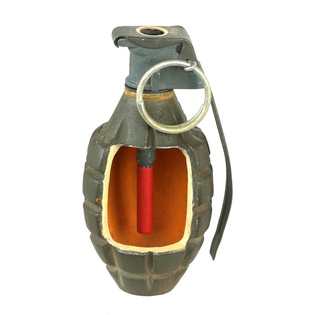 Original U.S. WWII Inert MkII Pineapple Grenade with Yellow Ring & M10A2 Fuze Cutaway Visual Training Aid from Aberdeen Proving Grounds Original Items