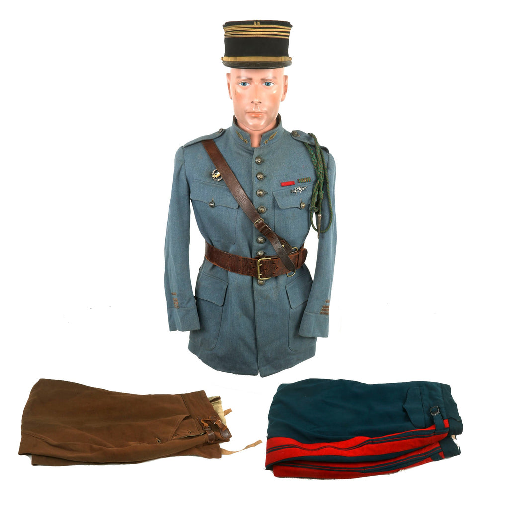 Original France WWI Named Aerial Observer Armée de l'Air French Air Service Commandant Officer’s Uniform Set With Tunic, Trousers, Sam Browne Belt and Kepi With Squadron Insignia - Escadrille 115 Original Items