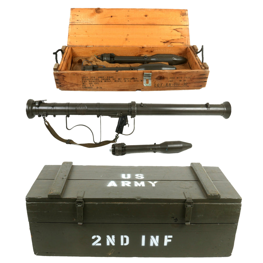 Original U.S. Deactivated M20 A1 3.5 Inch Super Bazooka Rocket Launcher by Firestone with Three Inert Rockets and Custom Transit Chests Original Items