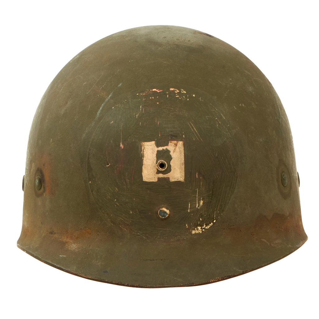 Original U.S. WWII Four Panel Medic M1 Helmet Liner by Westinghouse Wartime Repainted for a Captain - Laundry Number Marked Original Items