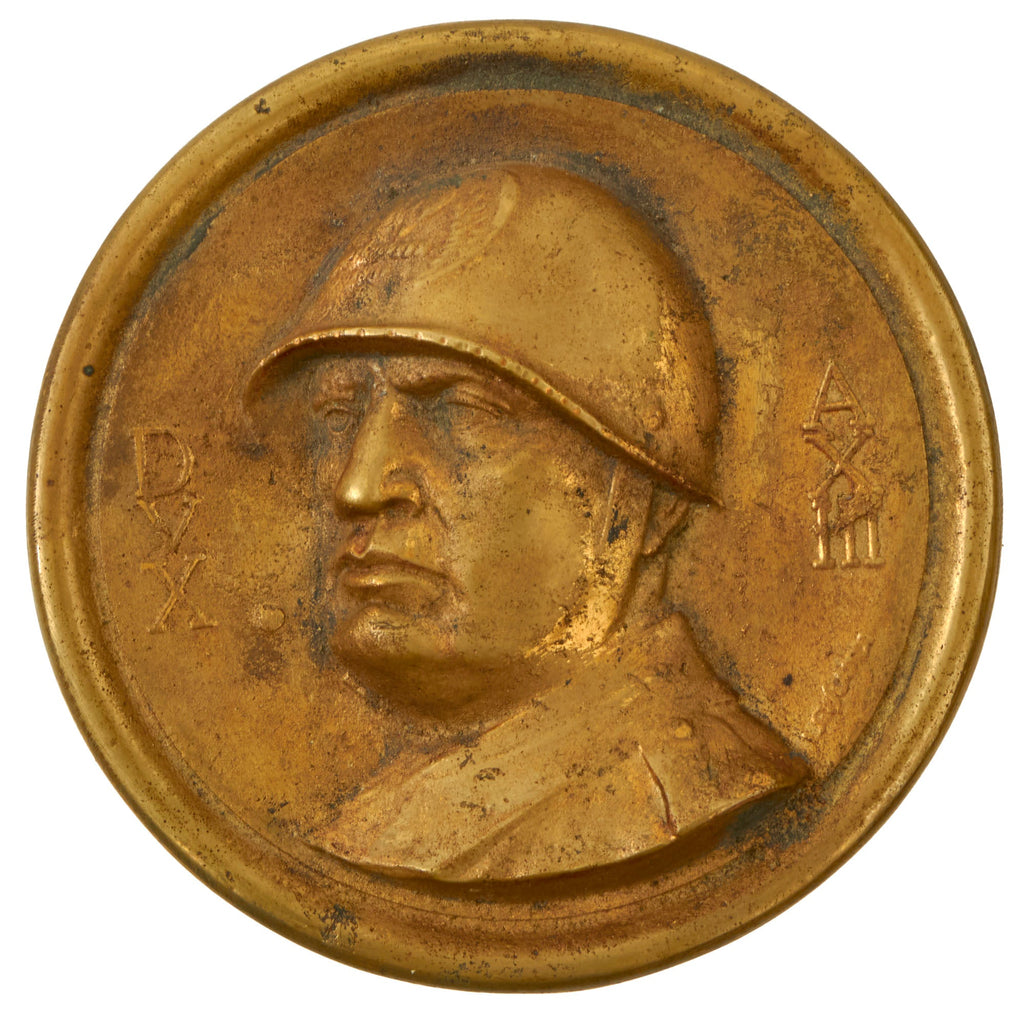 Original Italian WWII Fascist Italy Benito Mussolini Brass Wall Plaque - 7¼” Diameter Original Items