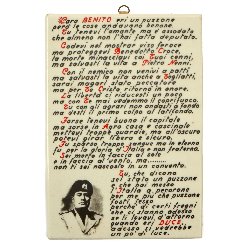 Original Italian WWII Anti-Mussolini Tile with Hanger - “Dear Benito” - 5¼ x 7¼” Original Items