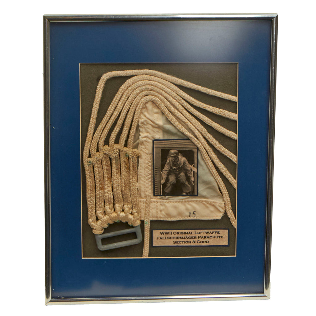 Original German WWII Framed Section & Cord of Fallschirmjäger Parachute - 11 ¼ x 14¼” Original Items