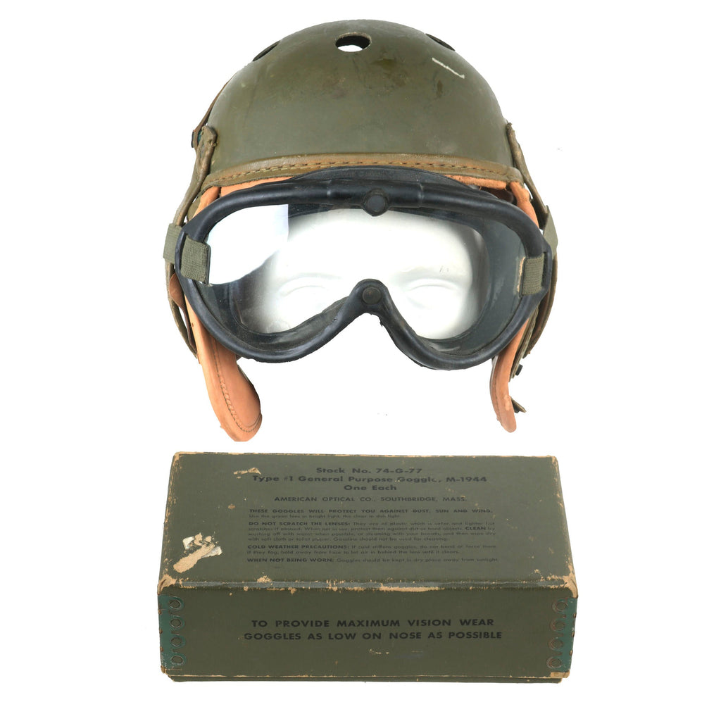 Original U.S. WWII M38 Tanker Helmet by Rawlings with M-1944 Goggles in Box - Size 7⅛ Original Items