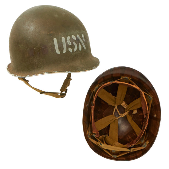 Original U.S. WWII Matched Named Navy Seabees USN Marked 1942 M1 McCord Fixed Bale Front Seam Helmet with Rare Inland Liner Original Items