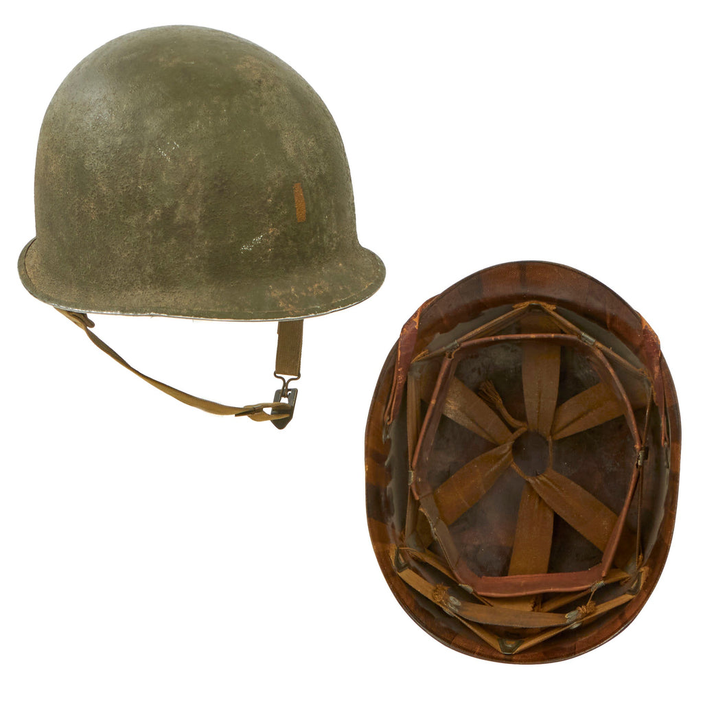 Original U.S. WWII Lieutenant’s Schlueter Front Seam Fixed Bale M1 Helmet with Matching International Molded Plastics Liner Original Items