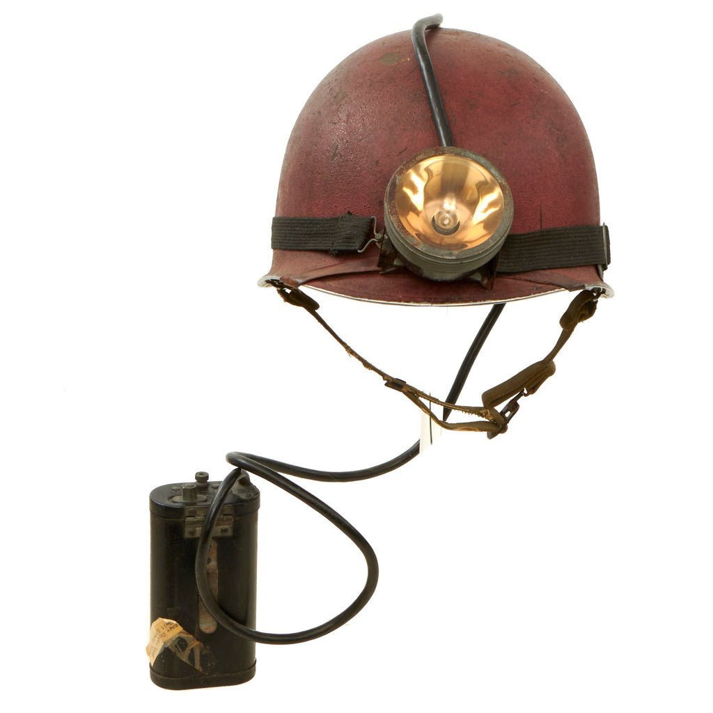 Original U.S. WWII Navy Damage Control M1 Helmet with Mounted Flashlight & Battery Pack with Westinghouse Liner Original Items