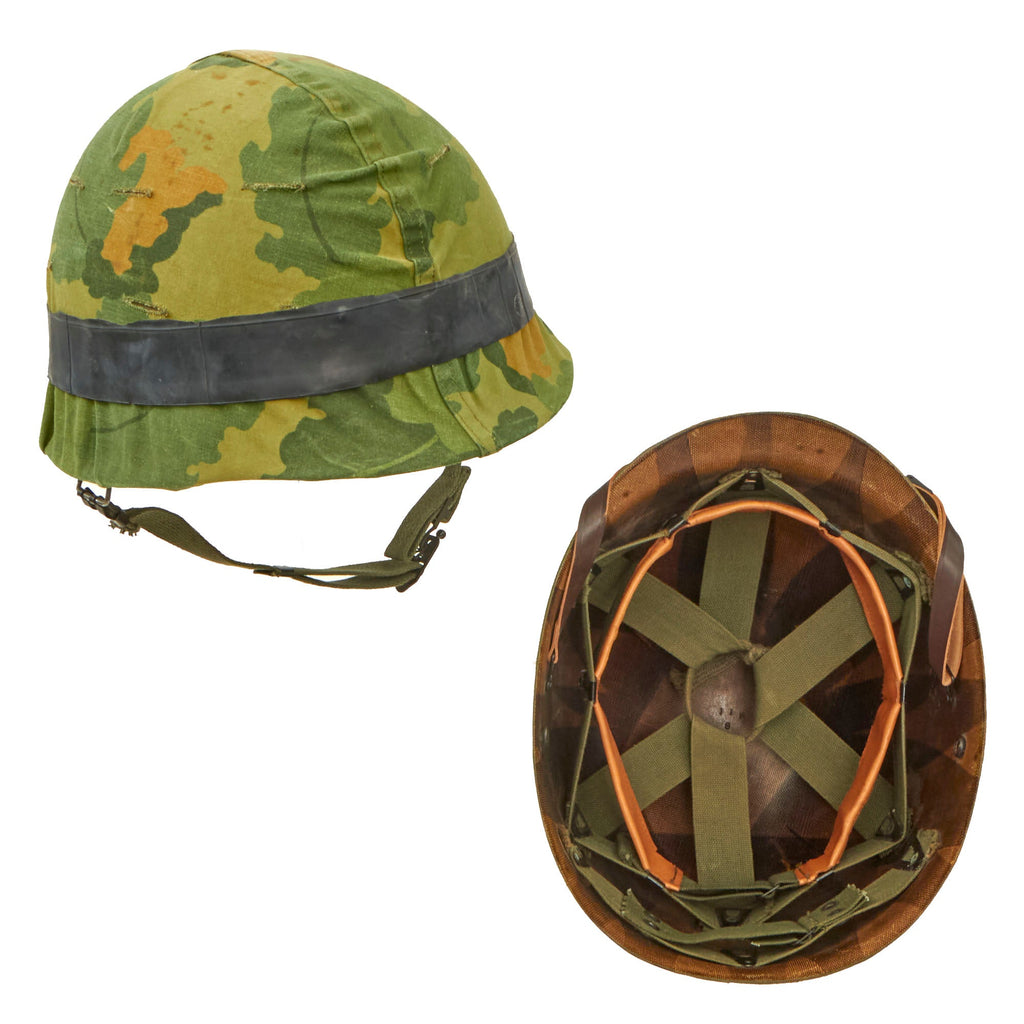 Original U.S. Vietnam War USMC M1 Helmet With 1959-Dated Camouflage Helmet Cover, M-151 "Mutt" Inner Tube Band and Liner Original Items