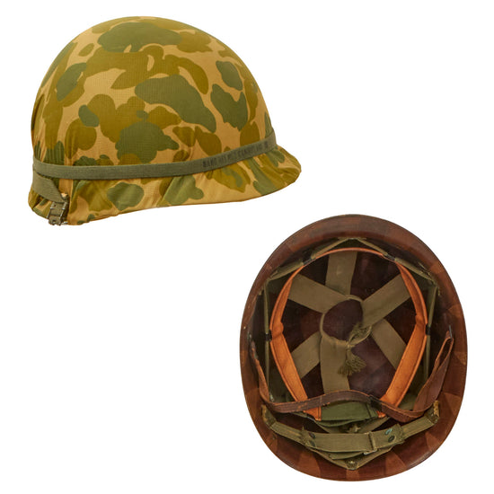 Original U.S. Korean War Era M1 Helmet with Camouflage Parachute Canopy Helmet Cover & 68th Armor Regiment CAPAC Liner Original Items