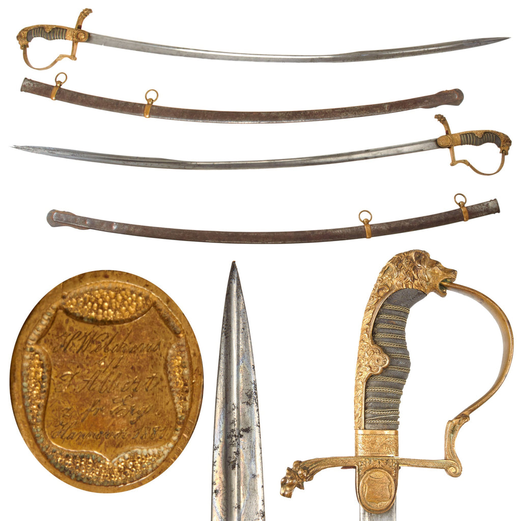 Original Imperial German Franco-Prussian War Era Damascus Lion’s Head Officer’s Sword Marked Damaststahl Eisenhauer Presented at Hannover in 1881 - H. Wilckens to T. Albert Original Items