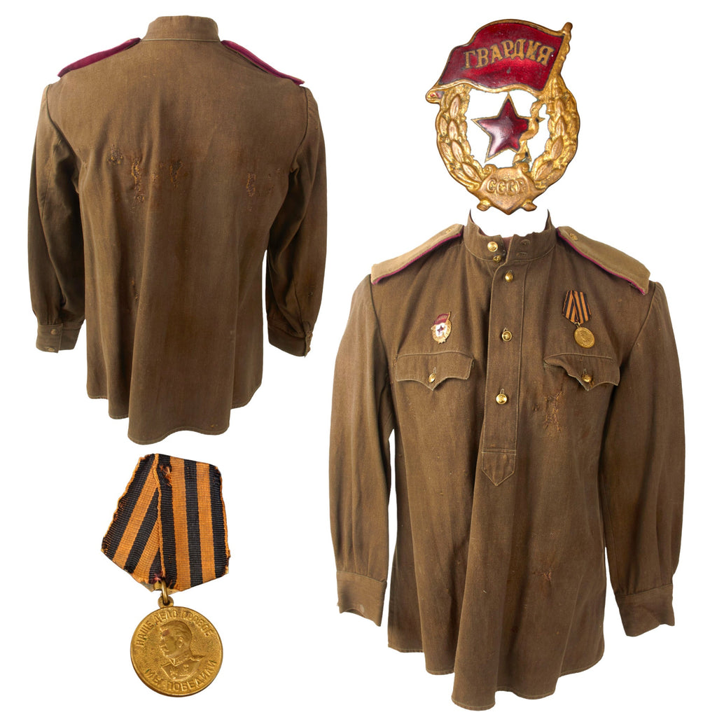 Original Soviet WWII M1943 Uniform Gymnastyorka Blouse - Wartime Blouse with Infantry Boards, Guards Badge & Early Production Victory Medal - Outstanding Field Repairs Original Items