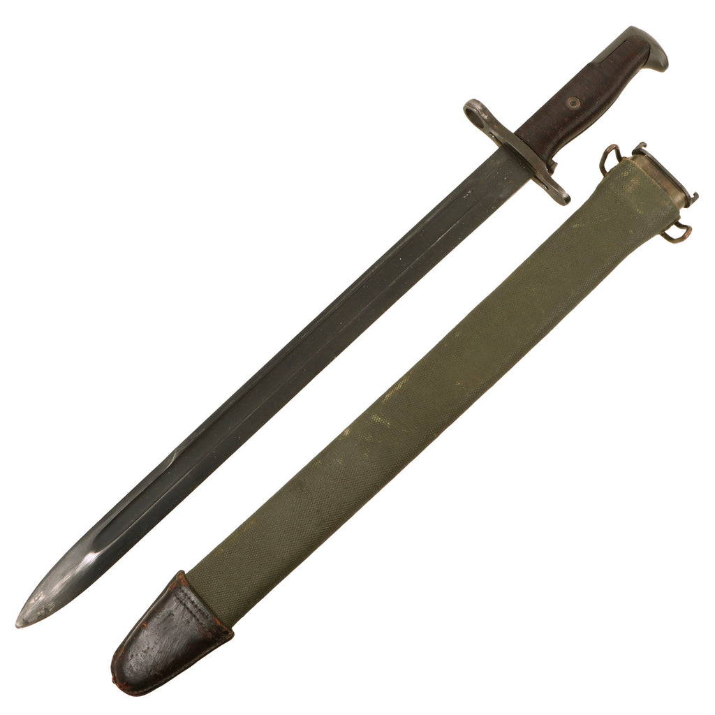 Original U.S. WWI & WWII M1905 Springfield 16 inch Rifle Bayonet Marked S.A. with Painted M1910 Scabbard & Plastic Ribbed Grips - Dated 1912 Original Items