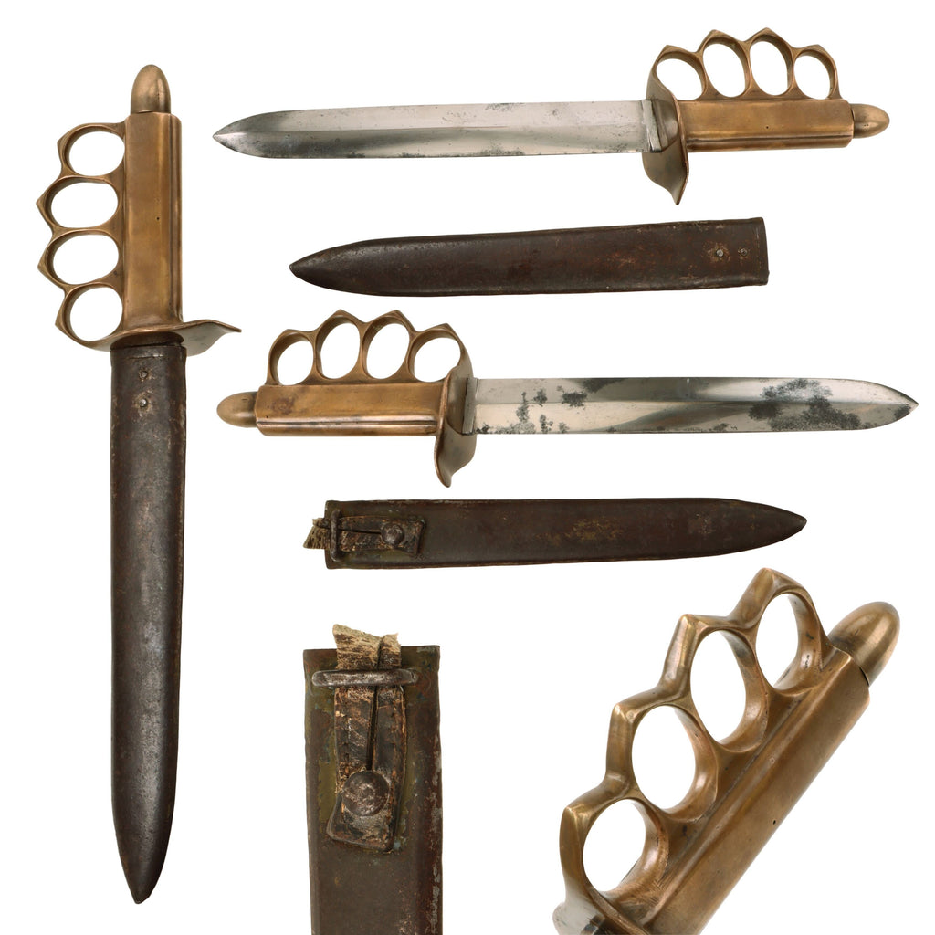 Original U.S. WWII Italian-Made M1918 Trench Knife Style Brass Knuckle Trench Knife with Blade Similar to M.V.S.N. Fighting Dagger & Recycled WWI Austro-Hungarian WWI Trench Knife Scabbard Original Items