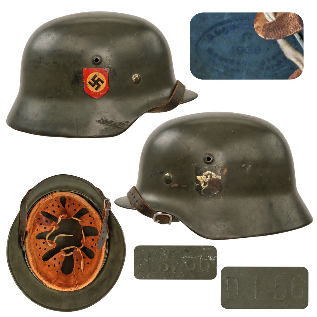 Original German WWII Double Decal NSDAP Civic Police M35 Steel Combat Helmet with Dome Stamp, 1938 Dated 59cm Liner, and Chinstrap - NS66 Original Items