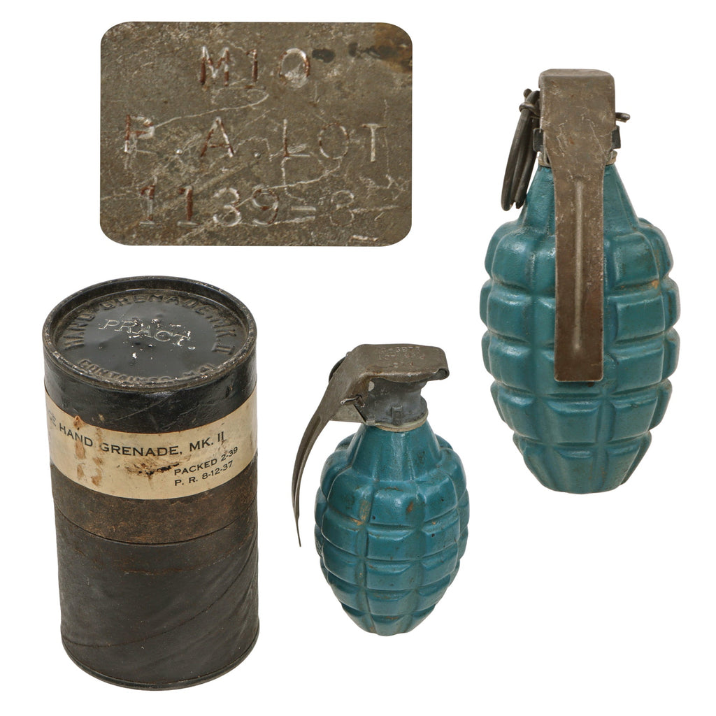 Original U.S. WWII M21 Inert Practice Pineapple Fragmentation Training Hand Grenade with Early Cutback M10 Fuze and Original Correct Husk - Dated 1939 Original Items