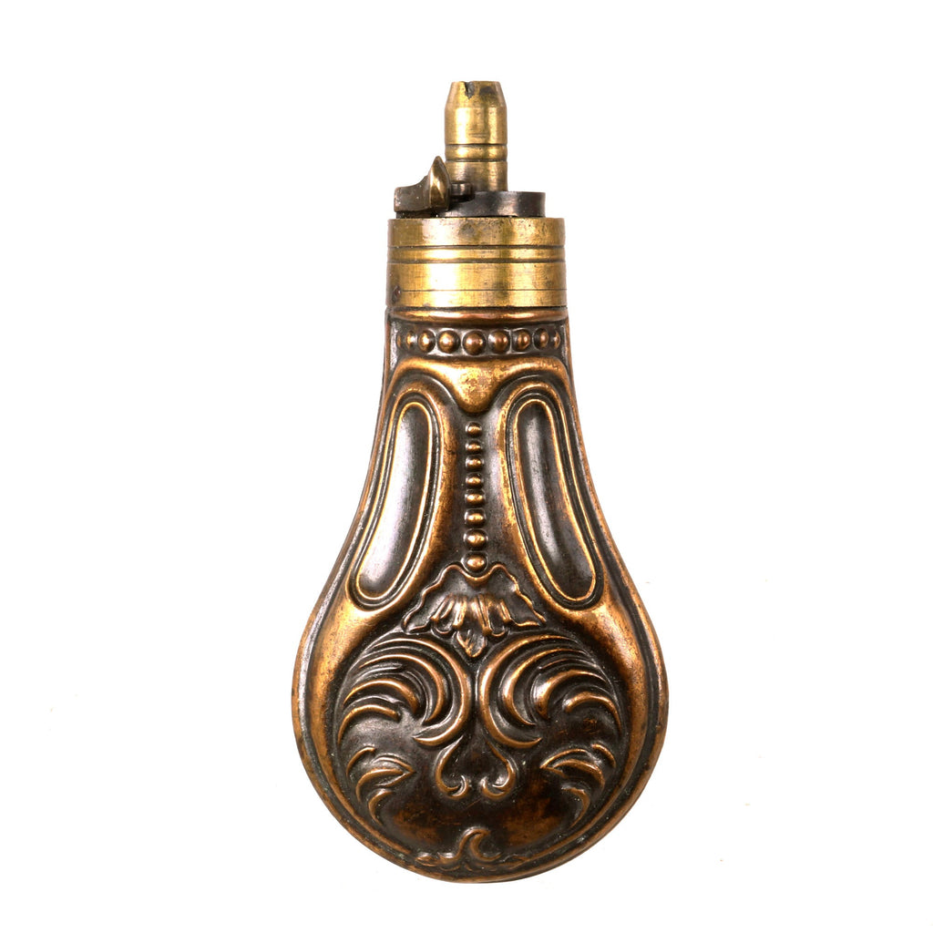 Original U.S. or British American Civil War Era Small Floral Design Embossed Copper Pistol Powder Flask Original Items