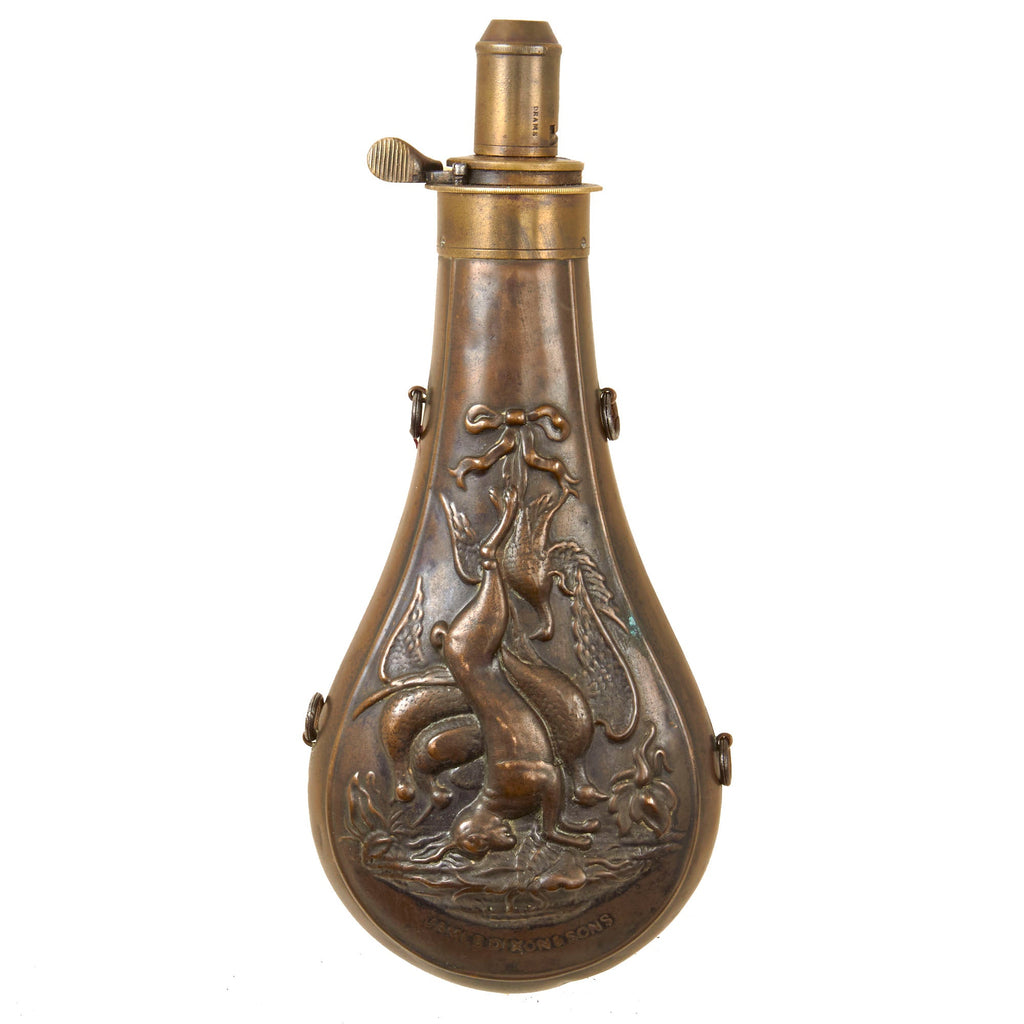 Original British U.S. Civil War Era 1850s James Dixon & Sons Sheffield Brass Powder Flask “Dead Game” Original Items