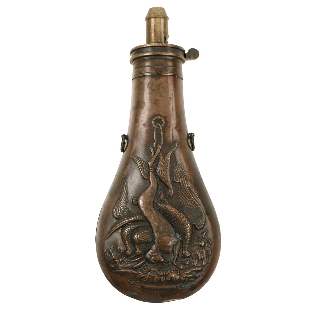 Original British U.S. Civil War Era J. Barlow & Company of Birmingham Embossed Copper Powder Flask “Dead Game” Original Items