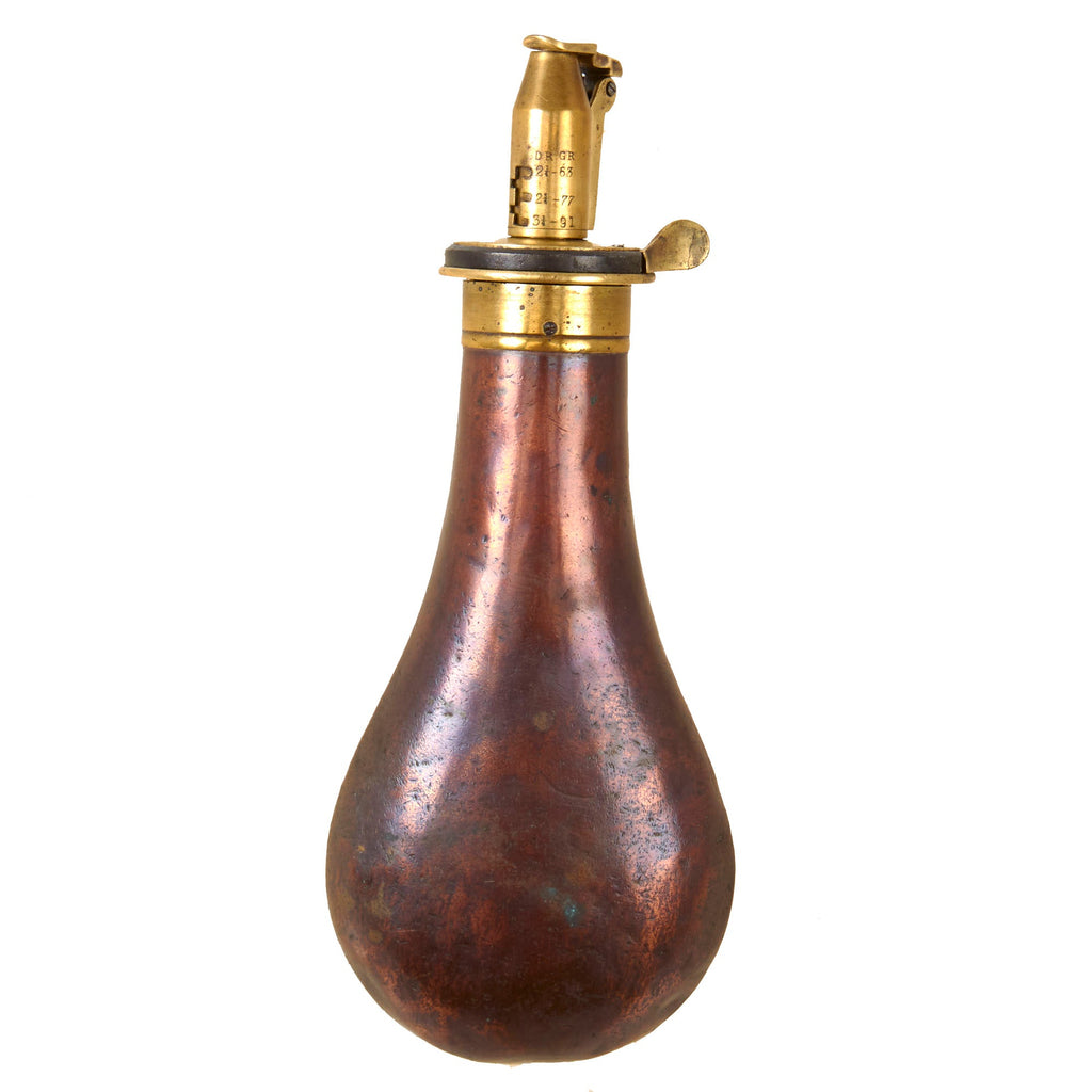 Original British U.S. Civil War Era 1850s Brass Powder Flask by Dixon of Sheffield with Unusual Hinged Covered Spout Original Items
