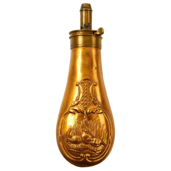 Original U.S. Civil War Ornate Double-Sided Bird Motif Powder Flask by Frary, Benham & Co. Original Items