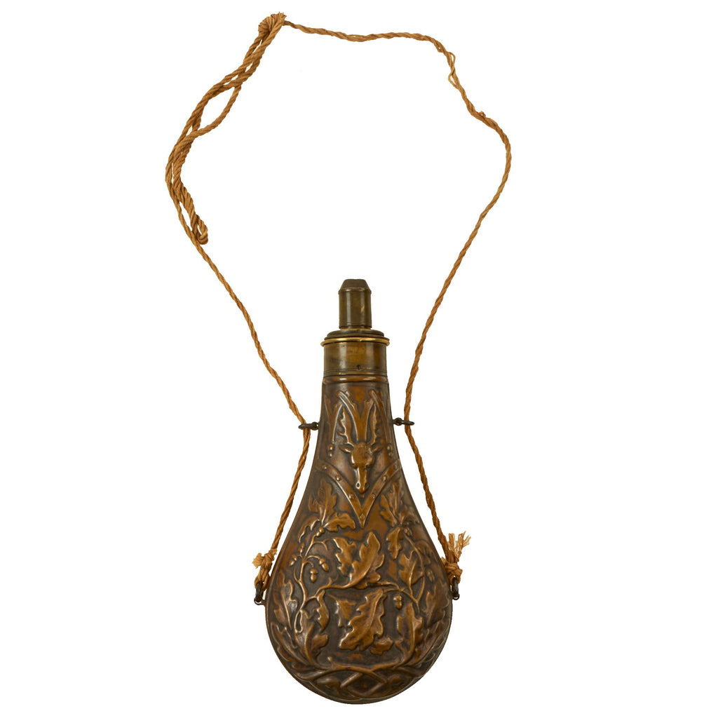 Original U.S. Mexican-American War Era “Stag & Oak Leaf” Powder Flask by G. & J.W. Hawksley-Sheffield with Original Rope Carrying Strap Original Items