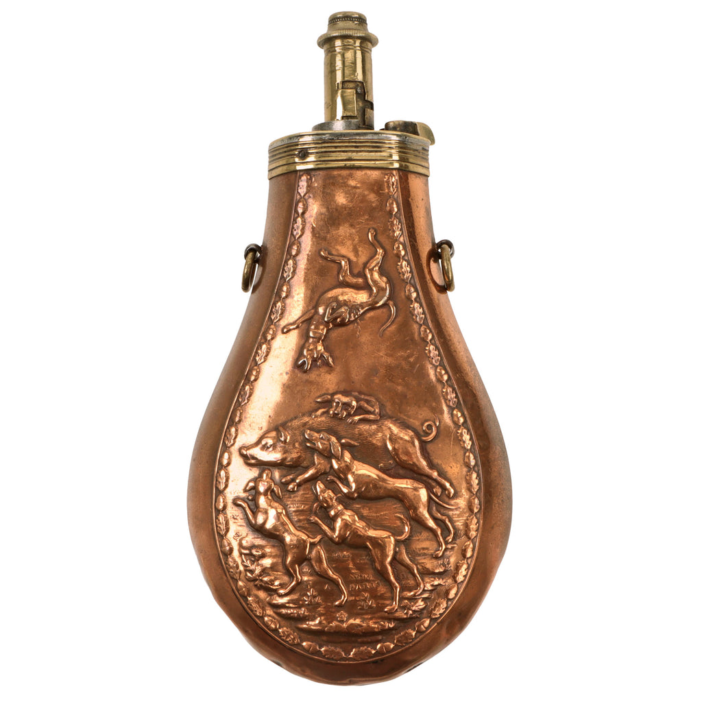 Original French U.S. Civil War Era Copper Powder Flask with Wild Boar Scene by N.A. Paris J.N. Original Items