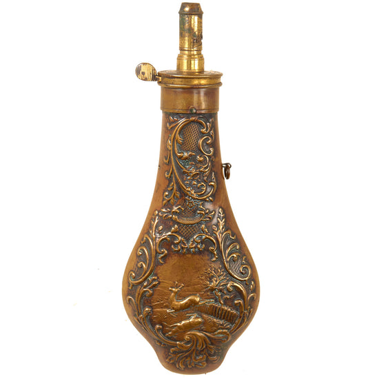 Original U.S. Civil War Era American Flask & Cap Company Unusual Shaped Embossed Hunter Copper Powder Flask - Functional Original Items