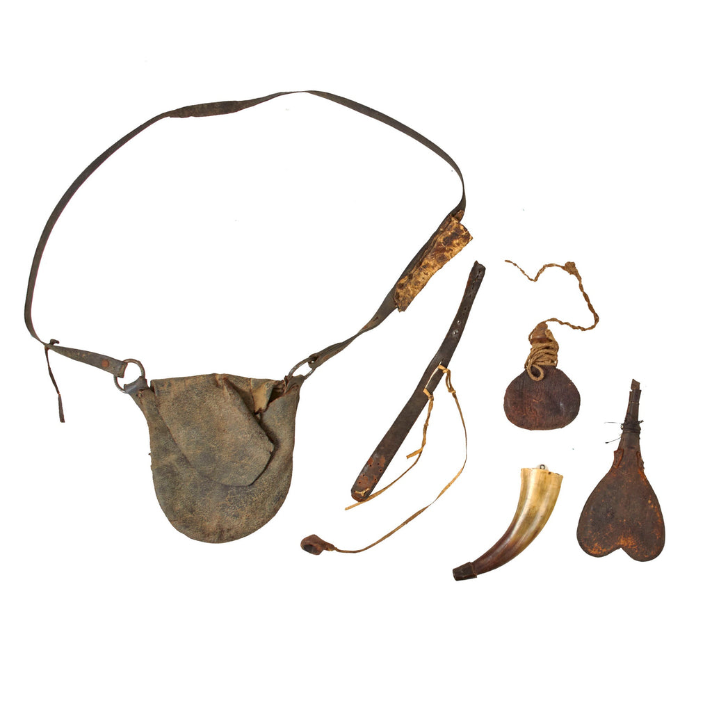 Original U.S. American Revolutionary War Era Rifleman’s Bag Set with Etched Powder Horn & Two Shot Ball Pouches Original Items