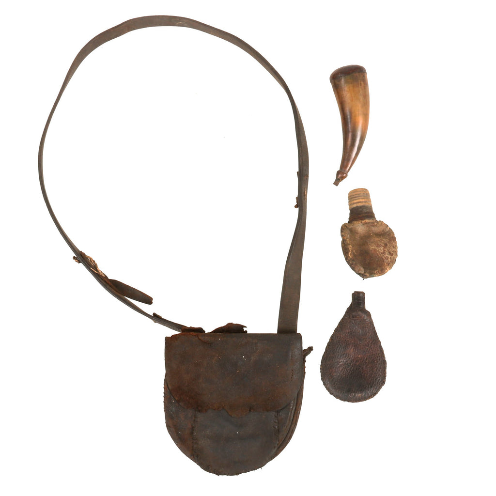 Original U.S. American Revolutionary War Era Rifleman’s Bag Set with Small Powder Horn & Two Shot Pouches Original Items
