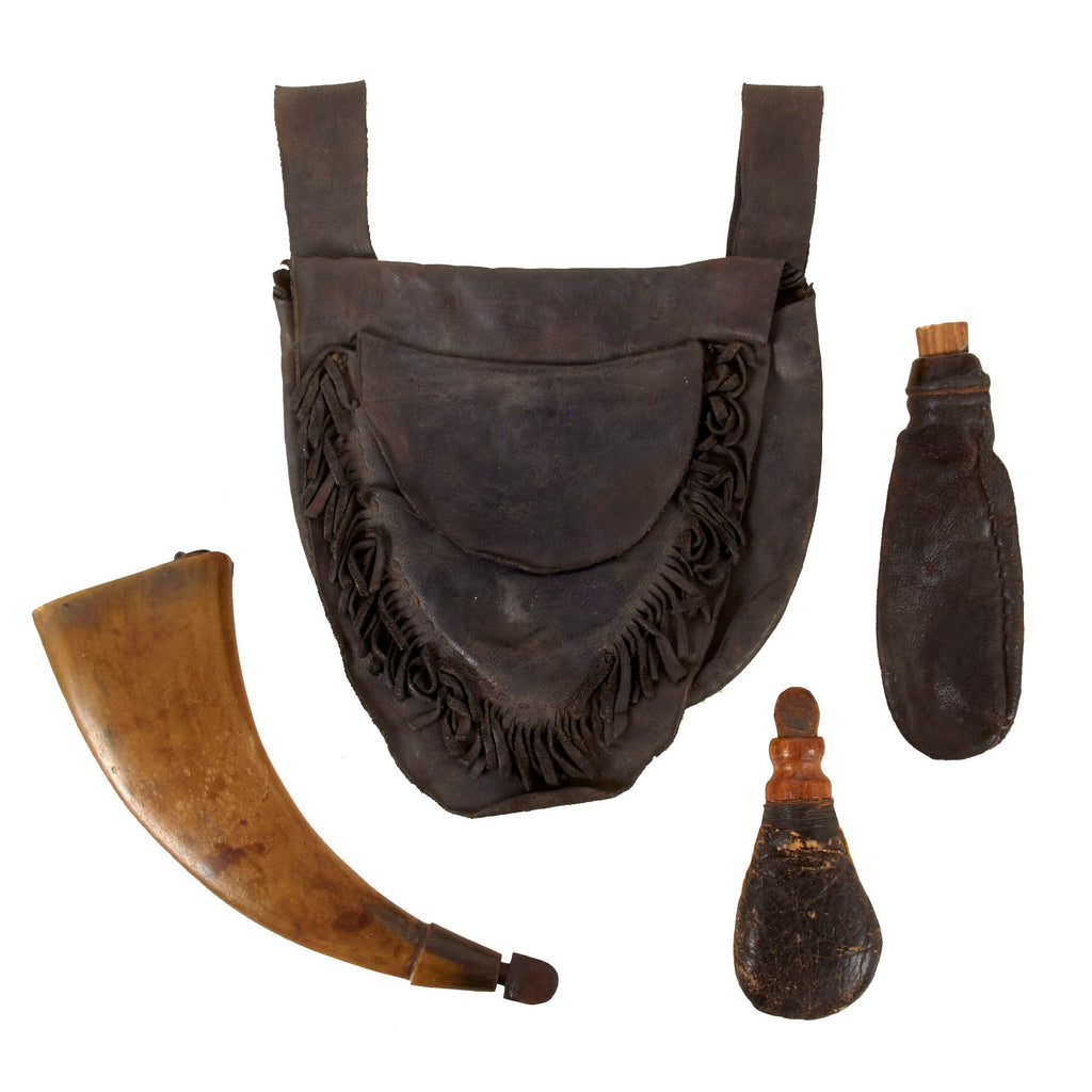 Original U.S. American Revolutionary War Era Rifleman’s Belt Bag Set with Powder Horn & Two Shot Pouches - Glass Spout on Pouch Original Items