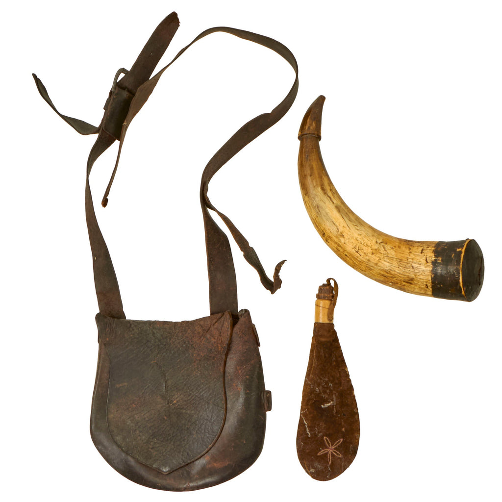 Original U.S. American Revolutionary War Era Rifleman’s Bag Set with Powder Horn & Gorgeous Shot Pouch Original Items