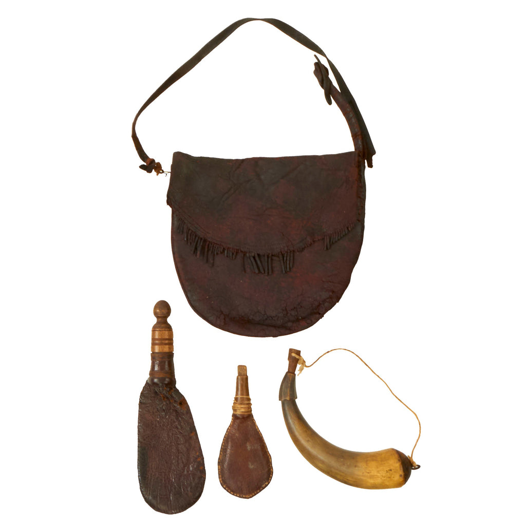 Original U.S. American Revolutionary War Era Rifleman’s Bag Set with Powder Horn & Two Shot Pouches Original Items