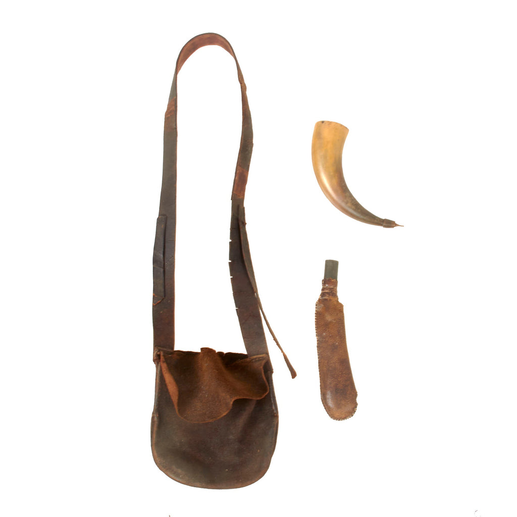 Original U.S. American Revolutionary War Era Rifleman’s Bag Set with Small Powder Horn & Shot Pouch with Pewter Spout Original Items