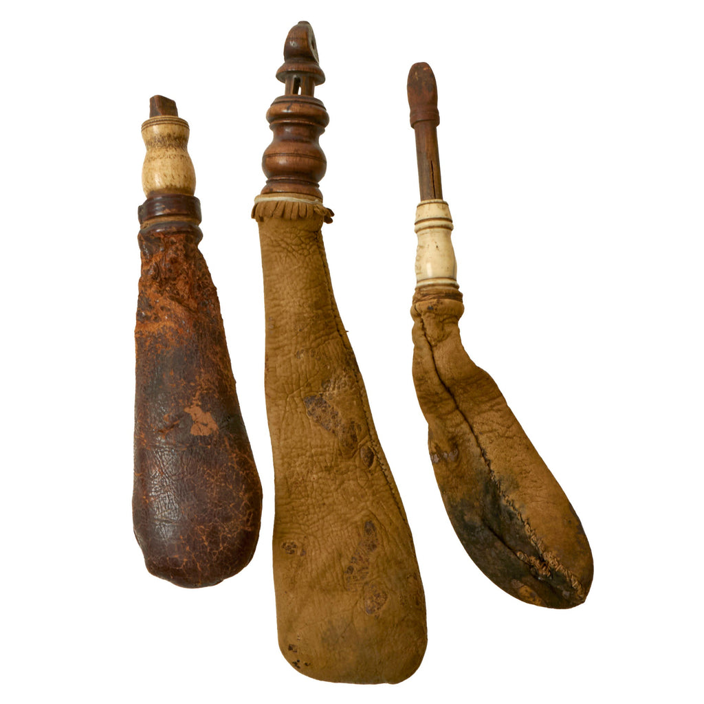 Original U.S. or British War of 1812 Era Shot Bags with Bone Spouts & Wooden Plugs - Dated 1809 - Lot of Three Original Items