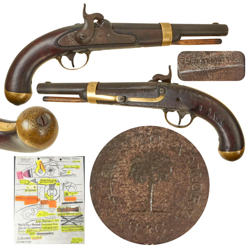 Original Rare U.S. Civil War Confederate M-1842 Percussion Cavalry Pistol by Palmetto Armory with Illustrated Research by Expert Frederick G. Novy - One of 2,000 Made Original Items