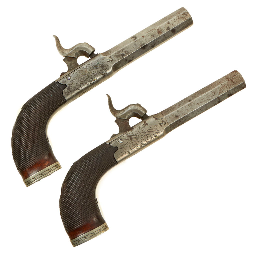 Original British Victorian Matched Pair of Percussion Vest Pocket Pistols with Fold-out Triggers Circa 1845 - Both Marked 36 Original Items