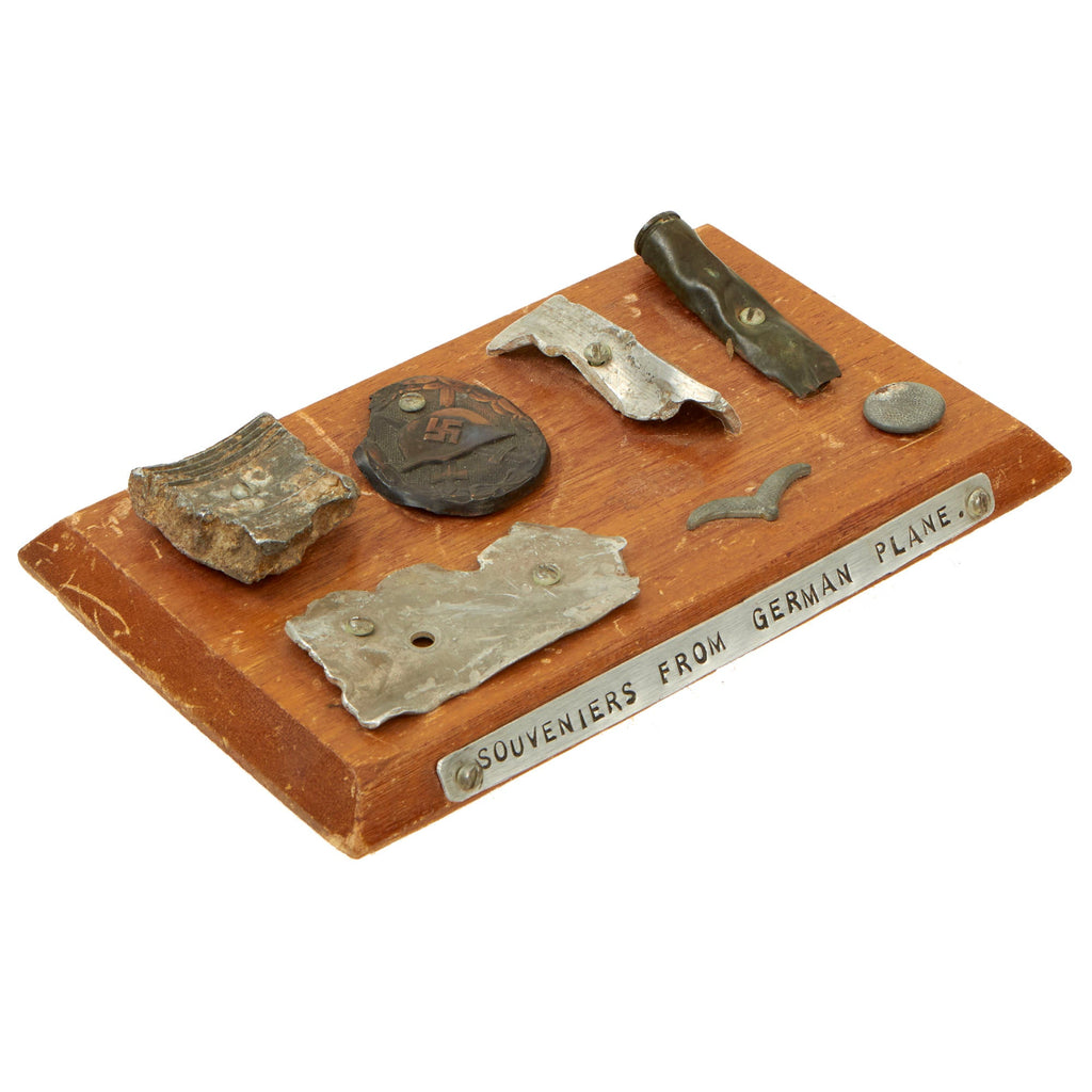 Original U.S. WWII GI-Made Souvenir Board of Items Recovered from Wreck of German Aircraft - Wound Badge & Aircraft Aluminum Original Items