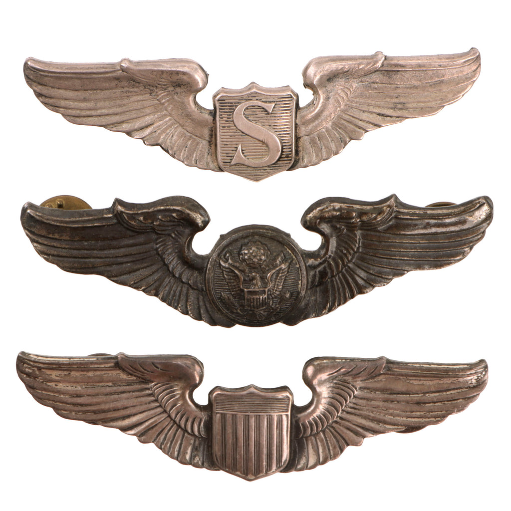 Original U.S. WWII Army Air Forces Service Pilot, Air Crew Member and Pilot Aviation Wings - Lot of 3