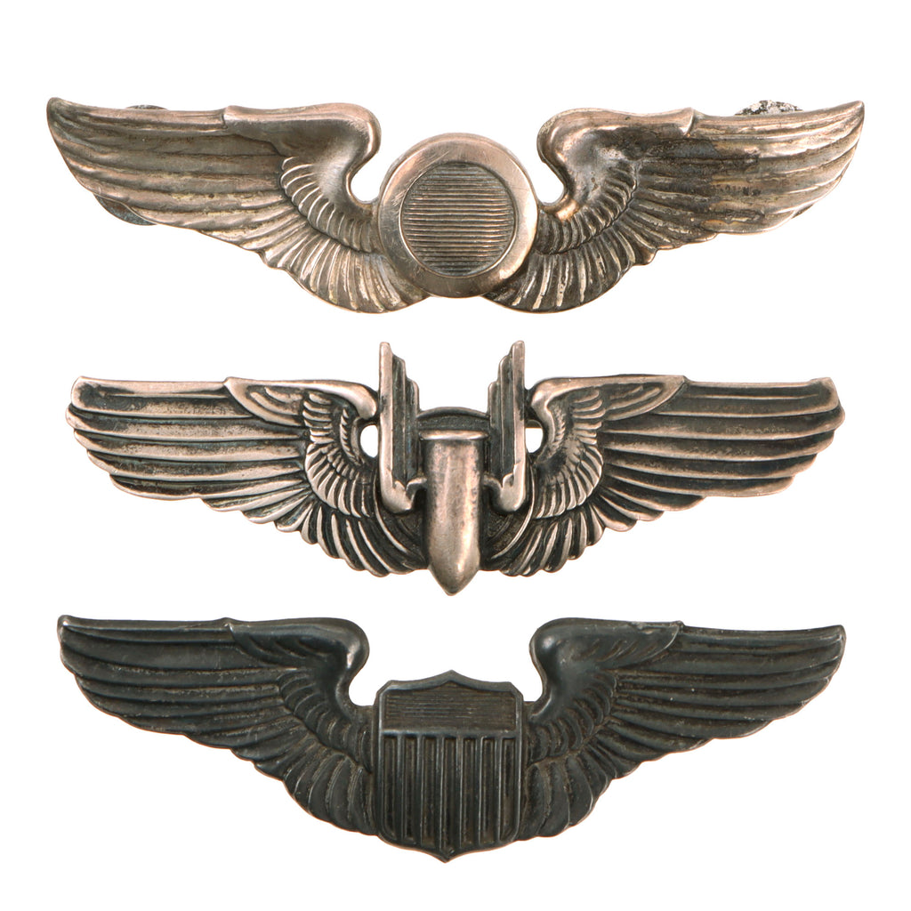 Original U.S. WWII US Army Air Forces Aviator Sterling-Marked Pilot, Observer, & Aerial Gunner Wings - Lot of 3