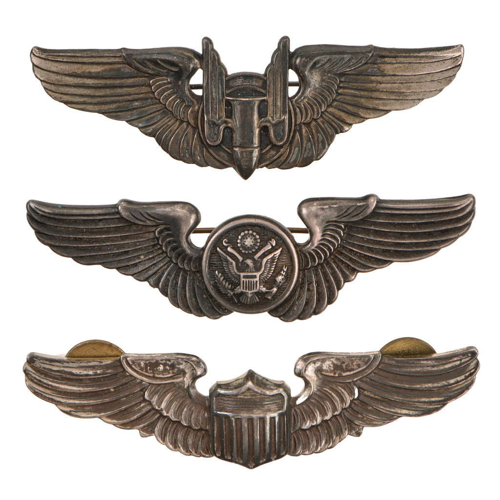 Original U.S. WWII US Army Air Forces Aviator Sterling-Marked Pilot, Aircrew, & Aerial Gunner Wings - Lot of 3