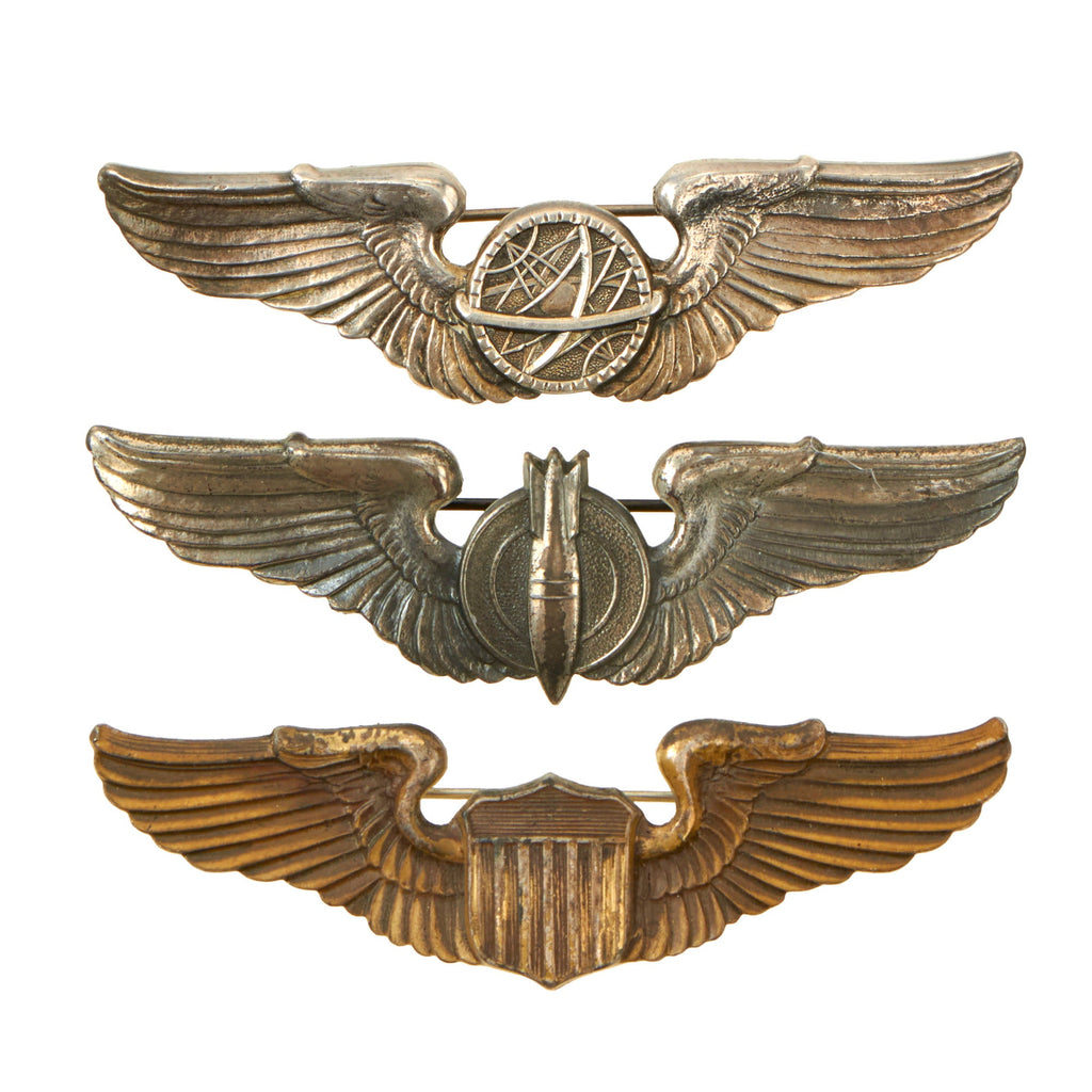 Original U.S. WWII Army Air Force USAAF Set of 3 Maker-Marked Aviator Pilot, Navigator, and Bombardier Wings by American Emblem Co. & Amcraft - Sterling Silver Original Items