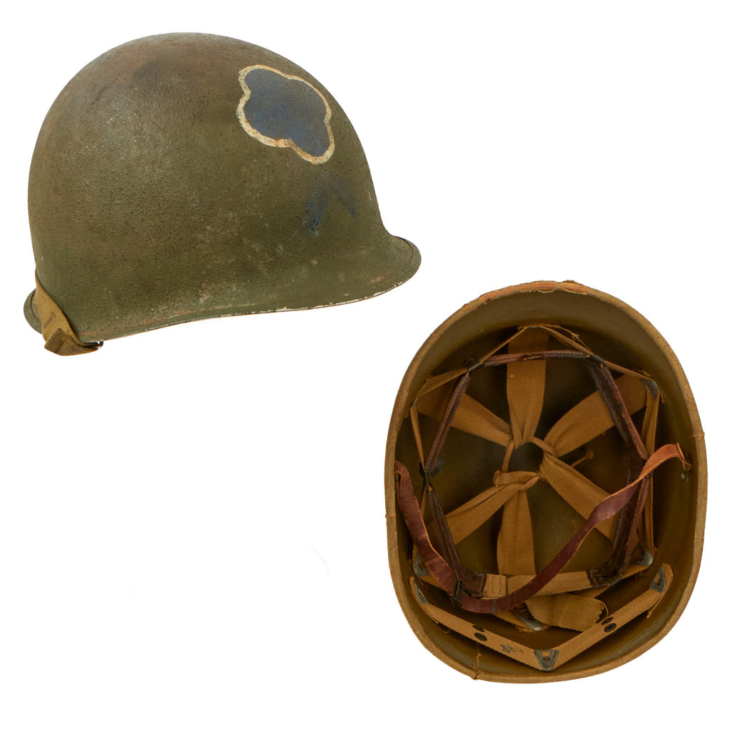 Original U.S. WWII “Blue Devils” 88th Infantry Division Painted McCord Fixed Bale M1 Helmet with Scarce Matching Hawley Paper Co. Liner - Initialed FRP Original Items
