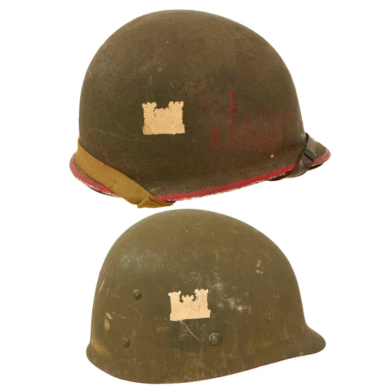 Original U.S. WWII Named Engineer Painted M1 Schlueter Fixed Bale Front Seam Helmet with Matched Firestone Liner - Lieutenant Painter - Excellent Original Items