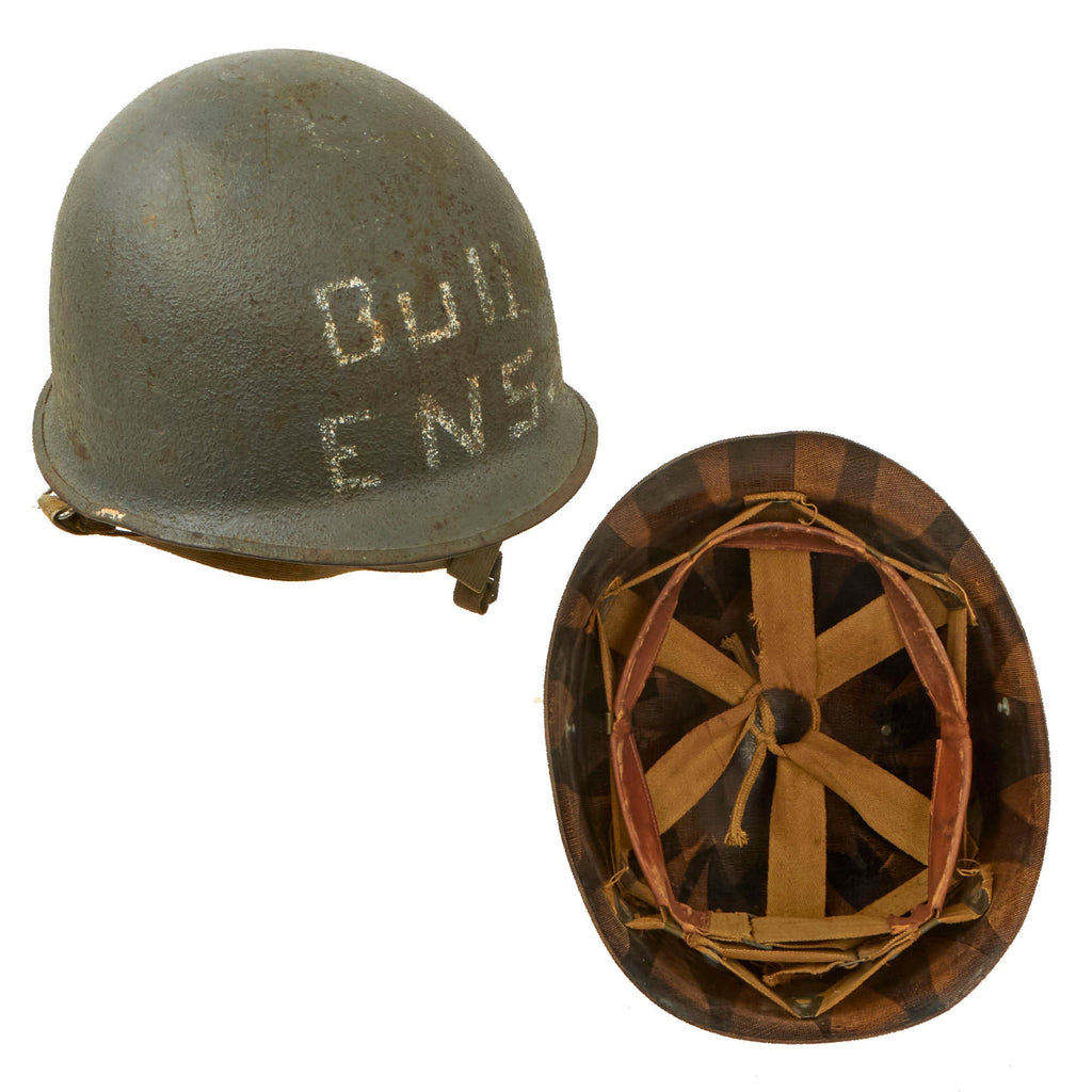 Original WWII U.S. Navy “Bull Ensign” Painted Front Seam Swivel Bale Schlueter M1 Helmet Complete with CAPAC Liner Original Items