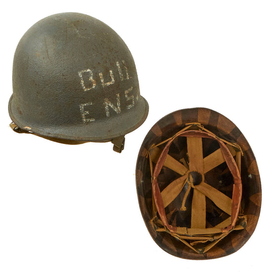 Original WWII U.S. Navy “Bull Ensign” Painted Front Seam Swivel Bale Schlueter M1 Helmet Complete with CAPAC Liner Original Items